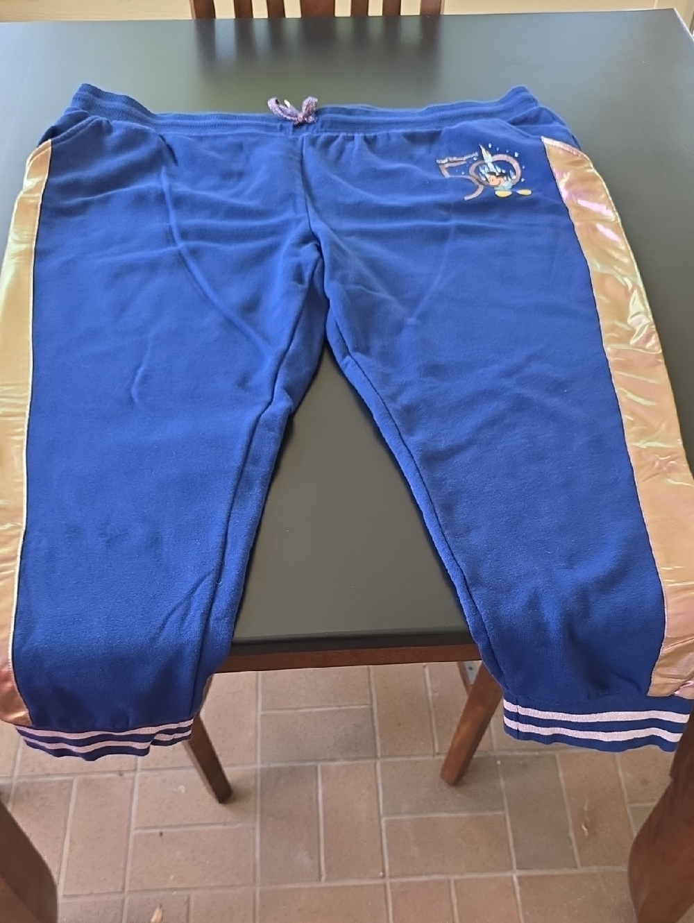 Women's 50th Anniversary Of Disney World Blue Sweatpants with  Rose Gold Stripes